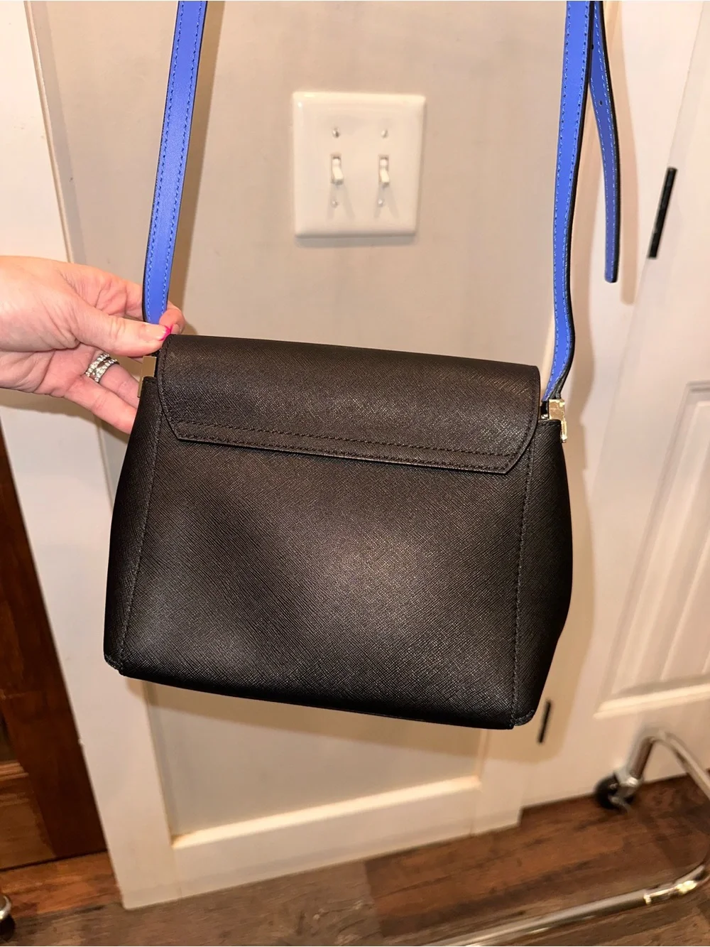 Kate Spade Bow Details Black Leather Crossbody with Blue Accents
